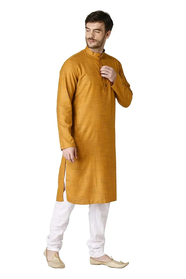 Yellow_Cotton_Yellow_Full_Sleeve_Regular_Checks_Kurta_For_Men