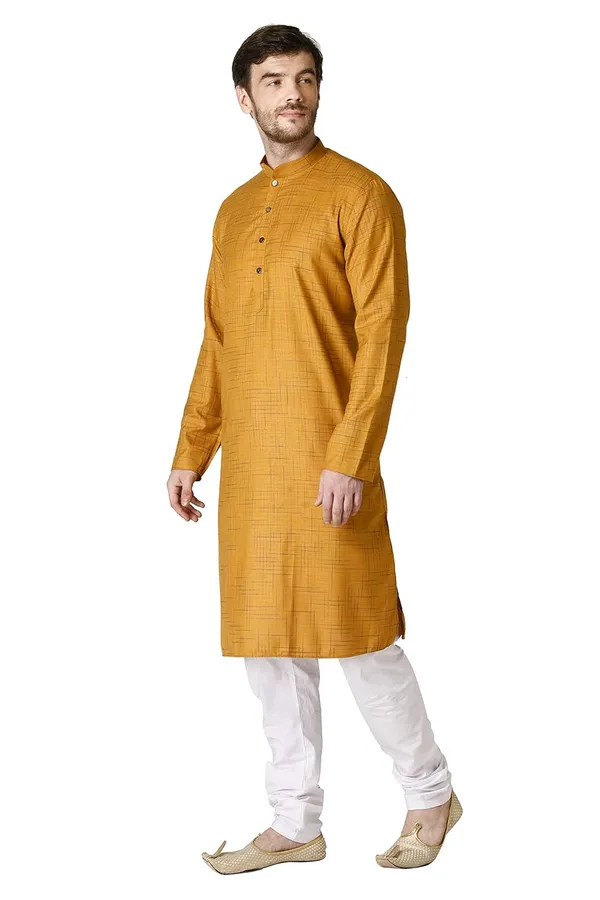 Yellow_Cotton_Yellow_Full_Sleeve_Regular_Checks_Kurta_For_Men
