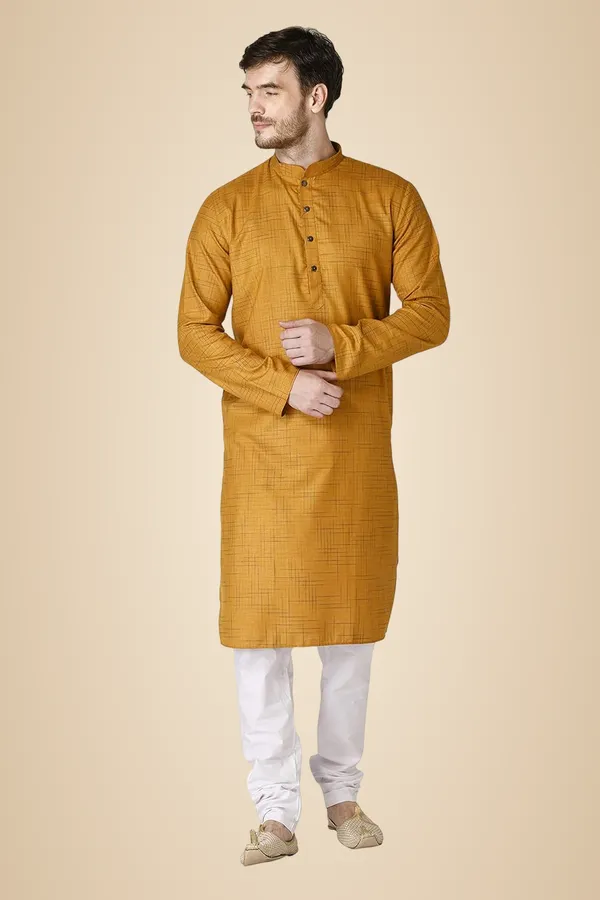 Yellow_Cotton_Yellow_Full_Sleeve_Regular_Checks_Kurta_For_Men