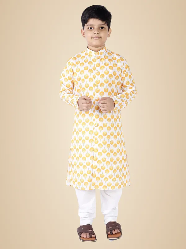Yellow_Cotton_Full_Sleeve_Regular_Fit_Printed_Kurta_Churidar_For_Kids