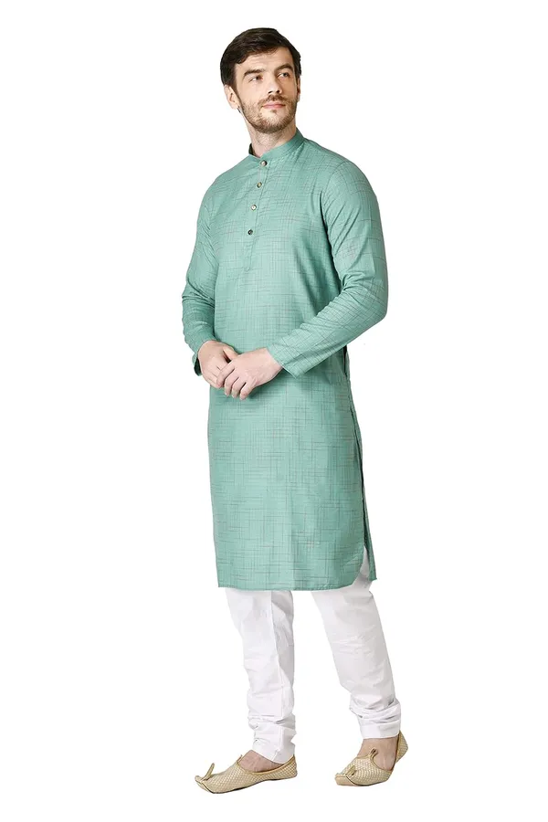 Green_Cotton_Yellow_Full_Sleeve_Regular_Checks_Kurta_For_Men