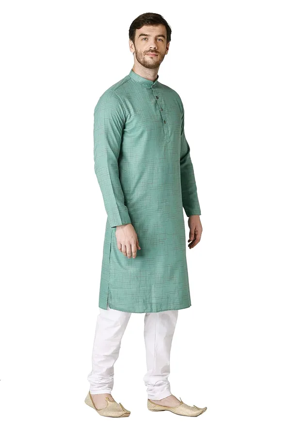 Green_Cotton_Yellow_Full_Sleeve_Regular_Checks_Kurta_For_Men