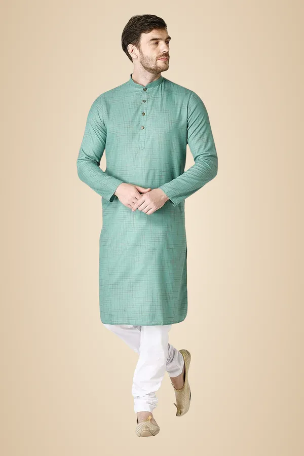 Green_Cotton_Yellow_Full_Sleeve_Regular_Checks_Kurta_For_Men