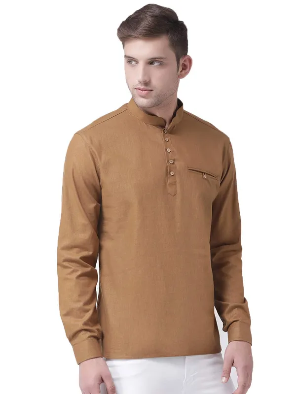 Brown_Cotton_White_Full_Sleeve_Regular_Fit_Plain_Short_Kurta_For_Men