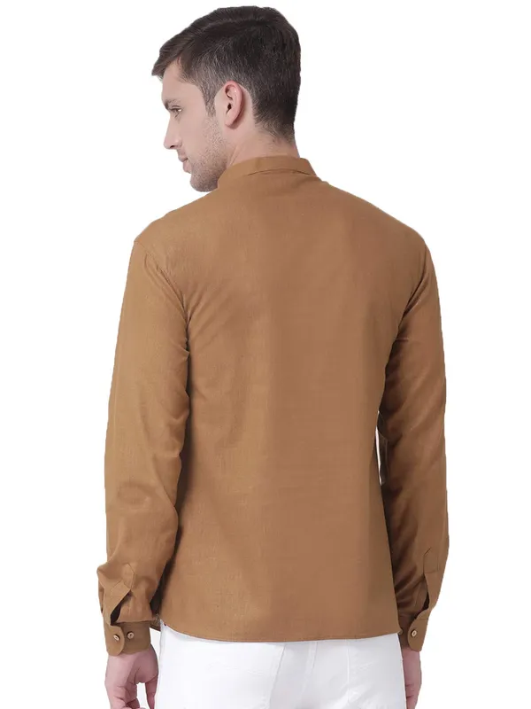 Brown_Cotton_White_Full_Sleeve_Regular_Fit_Plain_Short_Kurta_For_Men