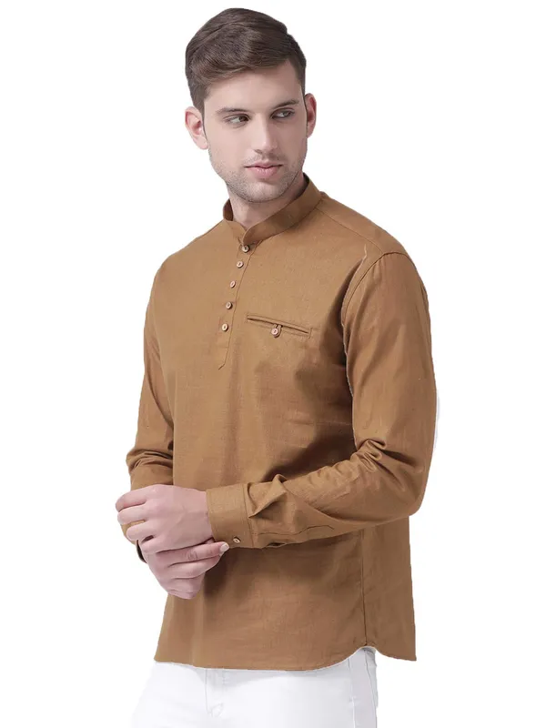 Brown_Cotton_White_Full_Sleeve_Regular_Fit_Plain_Short_Kurta_For_Men