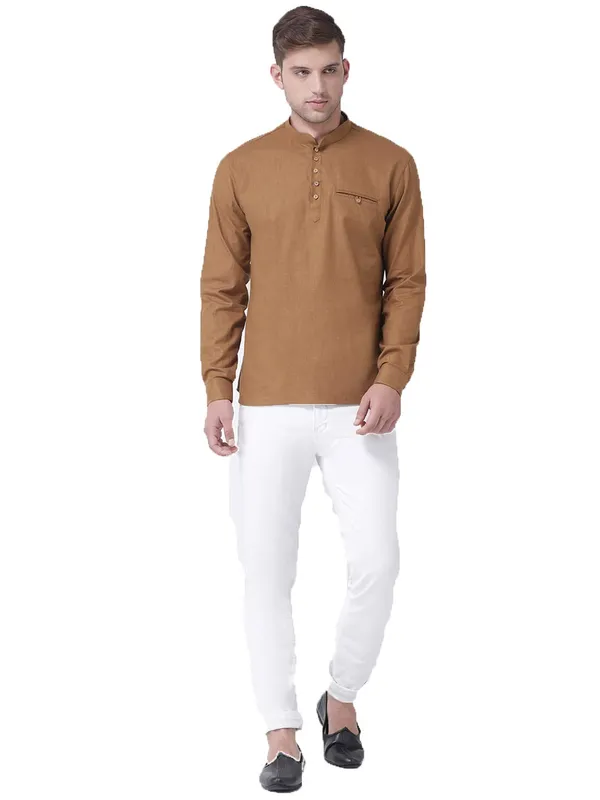 Brown_Cotton_White_Full_Sleeve_Regular_Fit_Plain_Short_Kurta_For_Men