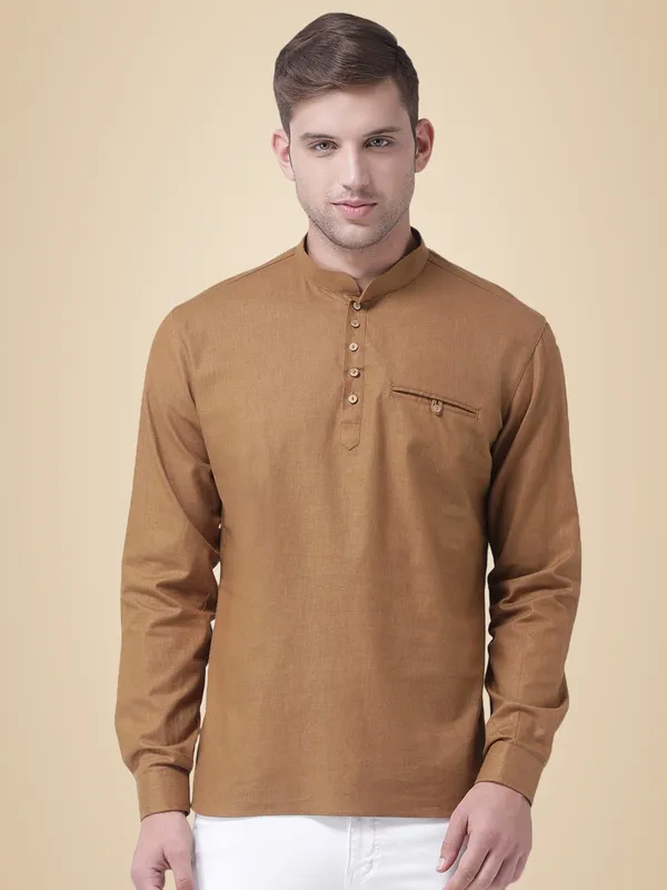 Brown_Cotton_White_Full_Sleeve_Regular_Fit_Plain_Short_Kurta_For_Men
