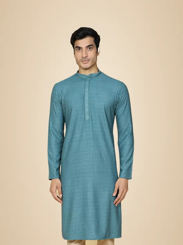Green_Cotton_Full_Sleeve_Regular_Fit_Chikankari_Embroidery_Kurta_For_Men