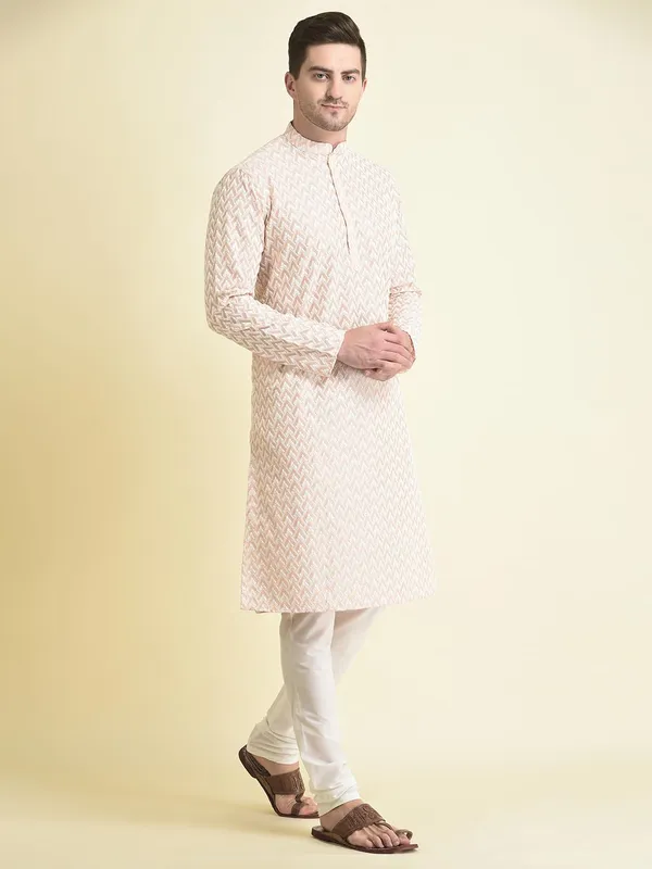 Pink_Cotton_Full_Sleeve_Regular_Fit_Chikankari_Embroidery_Kurta_Set_For_Men