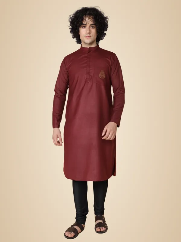 Maroon_Cotton_Full_Sleeve_Regular_Fit_Embroidery_Kurta_For_Men
