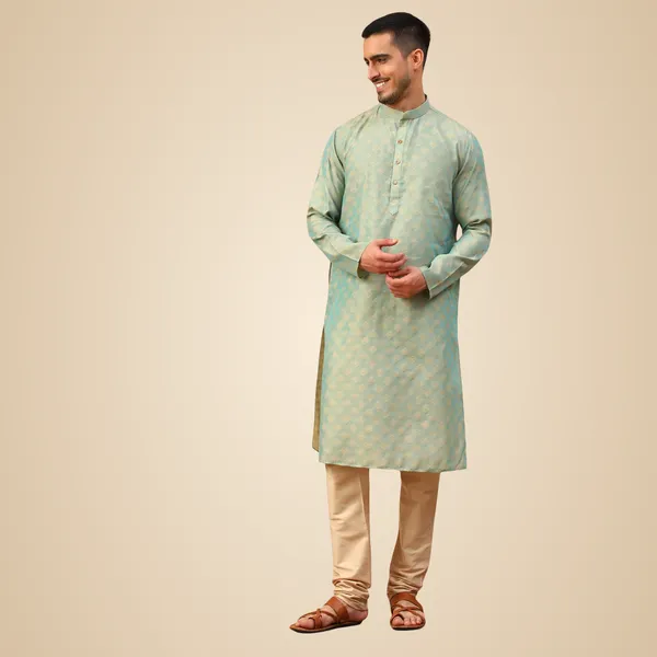 Green_Cotton_Full_Sleeve_Regular_Fit_Printed_Kurta_For_Men