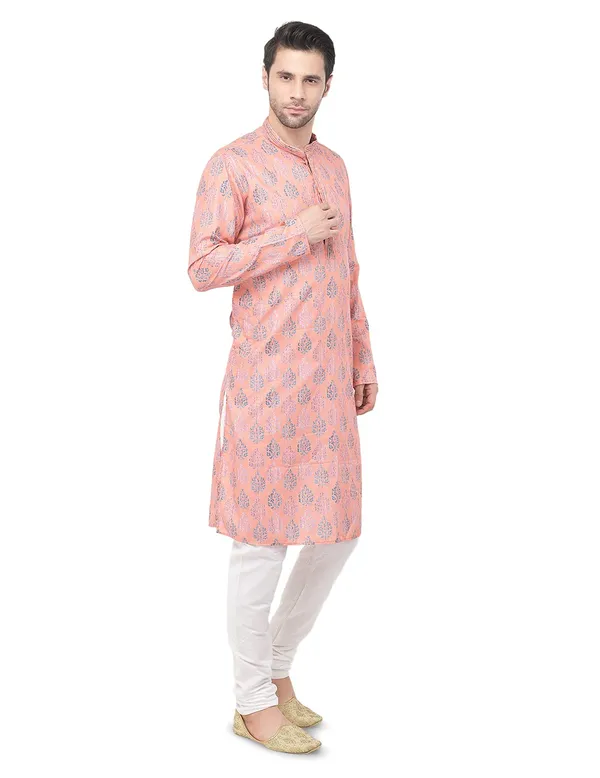 Peach_Cotton_Peach_Full_Sleeve_Regular_Printed_Kurta_For_Men