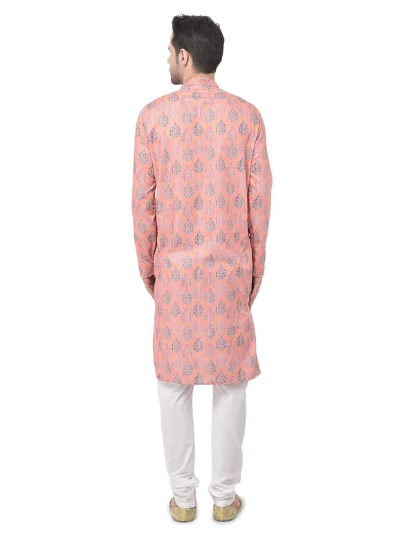 Peach_Cotton_Peach_Full_Sleeve_Regular_Printed_Kurta_For_Men