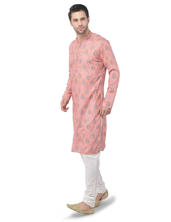 Peach_Cotton_Peach_Full_Sleeve_Regular_Printed_Kurta_For_Men