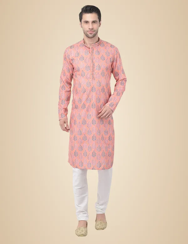 Peach_Cotton_Peach_Full_Sleeve_Regular_Printed_Kurta_For_Men