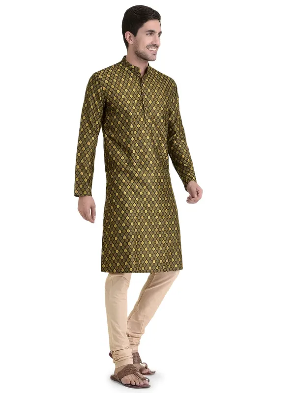 Yellow_Cotton_Brown_Full_Sleeves_Regular_Printed_Kurta_Churidar_Set_For_Men
