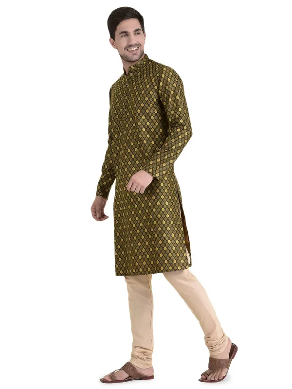 Yellow_Cotton_Brown_Full_Sleeves_Regular_Printed_Kurta_Churidar_Set_For_Men