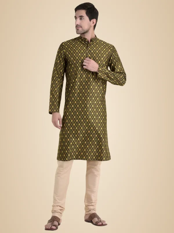 Yellow_Cotton_Brown_Full_Sleeves_Regular_Printed_Kurta_Churidar_Set_For_Men