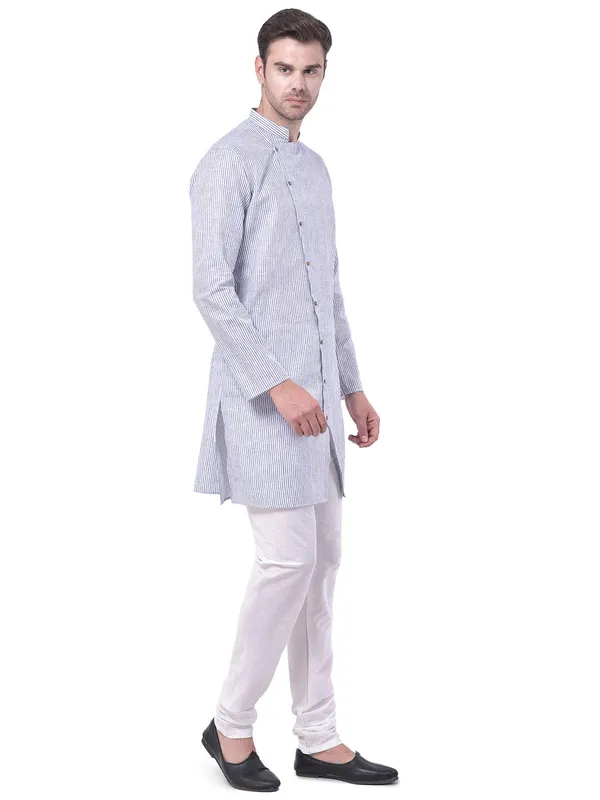 Blue_Cotton_Linen_Full_Sleeves_Regular_Stripe_Kurta_Set_For_Men