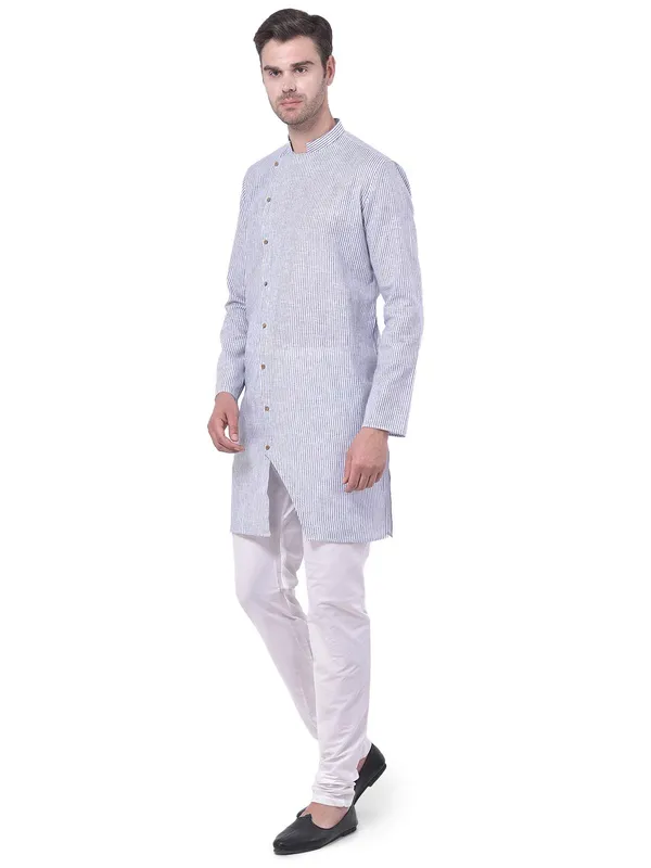 Blue_Cotton_Linen_Full_Sleeves_Regular_Stripe_Kurta_Set_For_Men