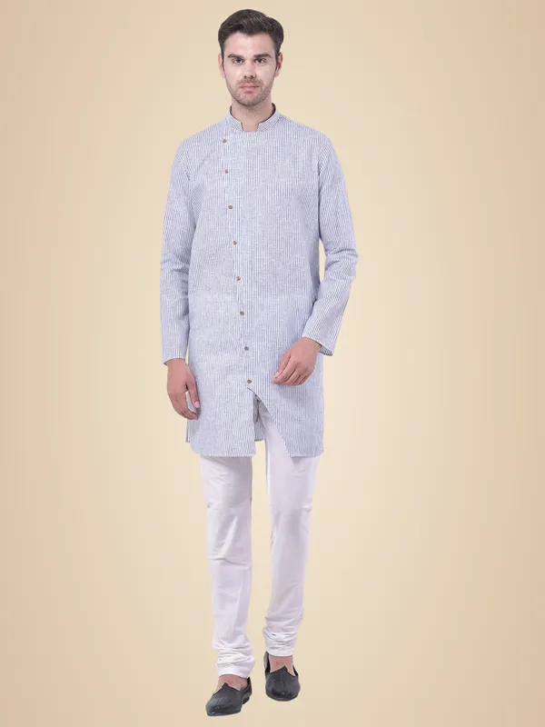 Blue_Cotton_Linen_Full_Sleeves_Regular_Stripe_Kurta_Set_For_Men