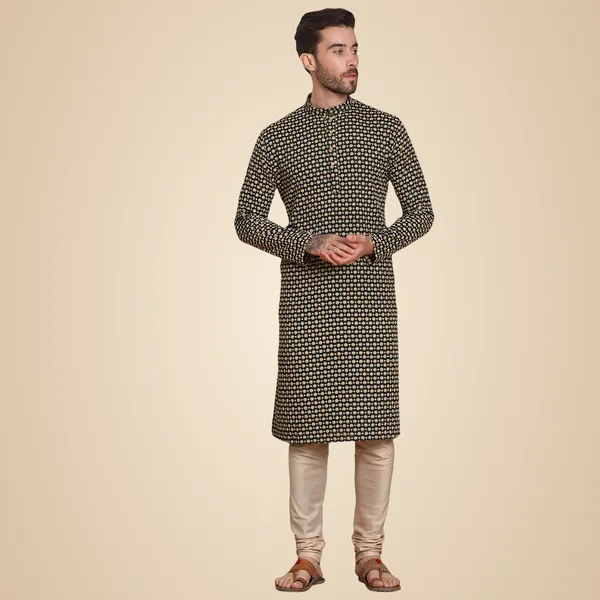 Green_Cotton_Full_Sleeve_Regular_Fit_Embroidery_Green_Kurta_For_Men