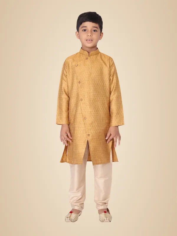 Yellow_Jacquard_Full_Sleeve_Regular_Fit_Printed_Kurta_Churidar_For_Kids