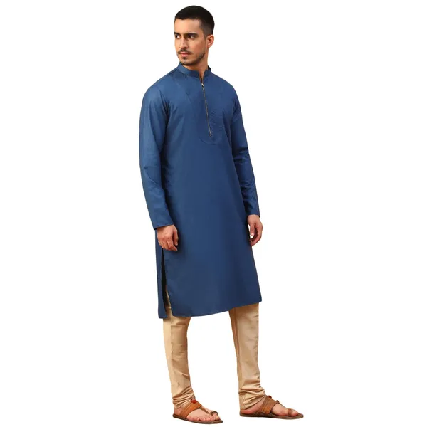 Blue_Plain_Full_Sleeves_Regular_Kurta_Set_For_Men