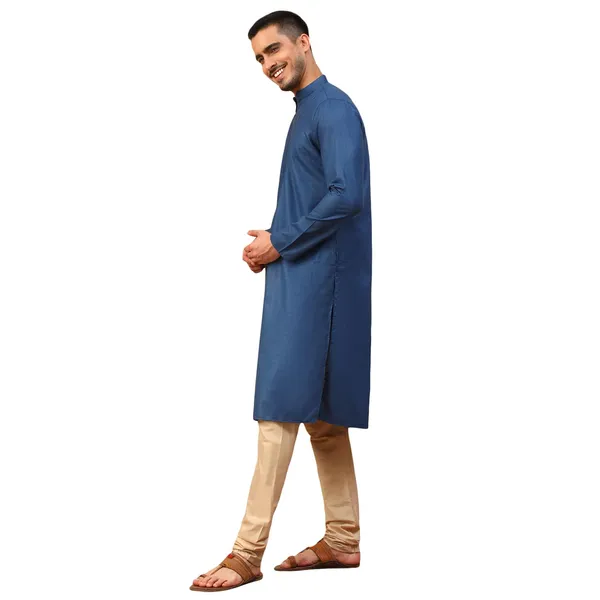 Blue_Plain_Full_Sleeves_Regular_Kurta_Set_For_Men