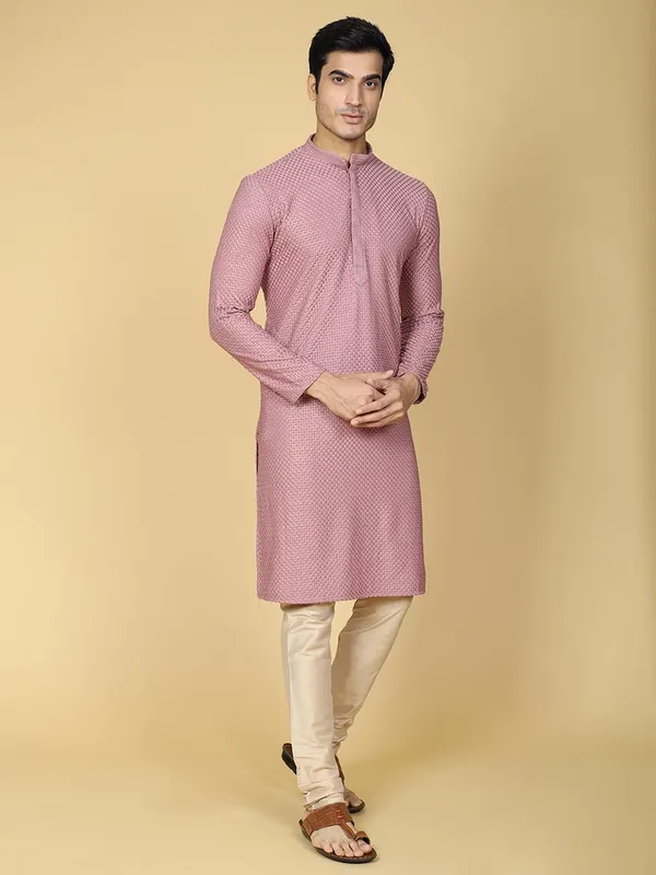 Purple_Cotton_Full_Sleeve_Regular_Fit_Chikankari_Embroidery_Kurta_Set_For_Men