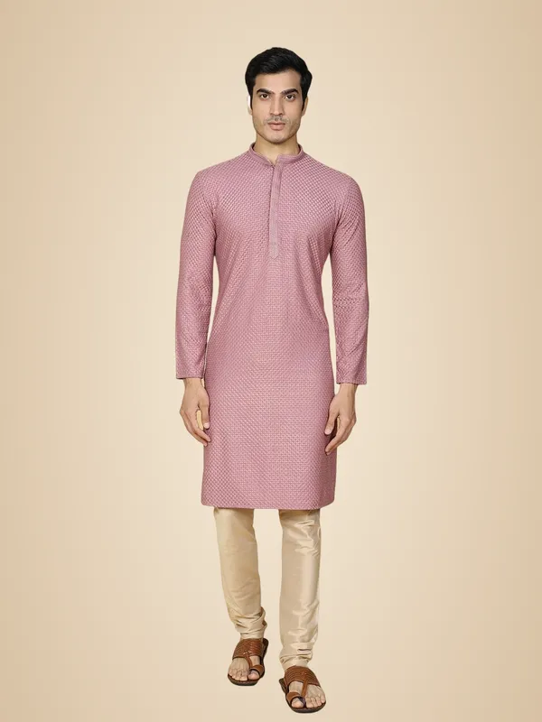 Purple_Cotton_Full_Sleeve_Regular_Fit_Chikankari_Embroidery_Kurta_Set_For_Men