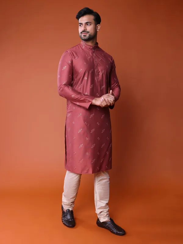 Orange_Cotton_Full_Sleeve_Regular_Fit_Embroidery_Kurta_For_Men