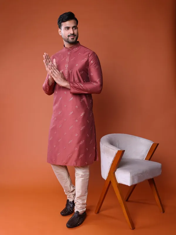Orange_Cotton_Full_Sleeve_Regular_Fit_Embroidery_Kurta_For_Men