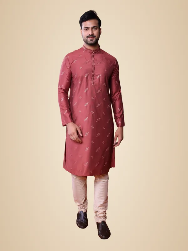 Orange_Cotton_Full_Sleeve_Regular_Fit_Embroidery_Kurta_For_Men