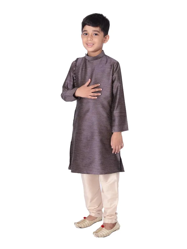 Brown_Silk_Blend_Full_Sleeve_Regular_Fit_Printed_Kurta_Churidar_For_Kids