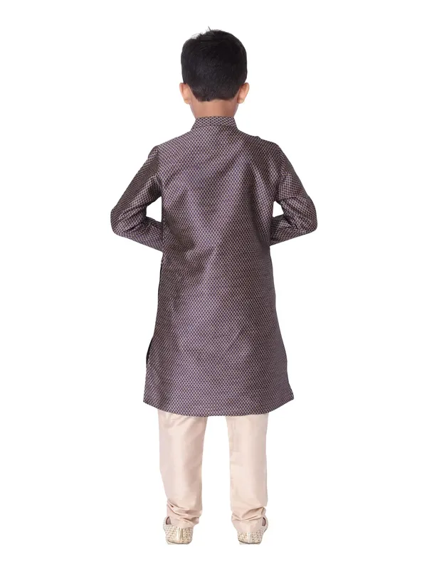 Brown_Silk_Blend_Full_Sleeve_Regular_Fit_Printed_Kurta_Churidar_For_Kids