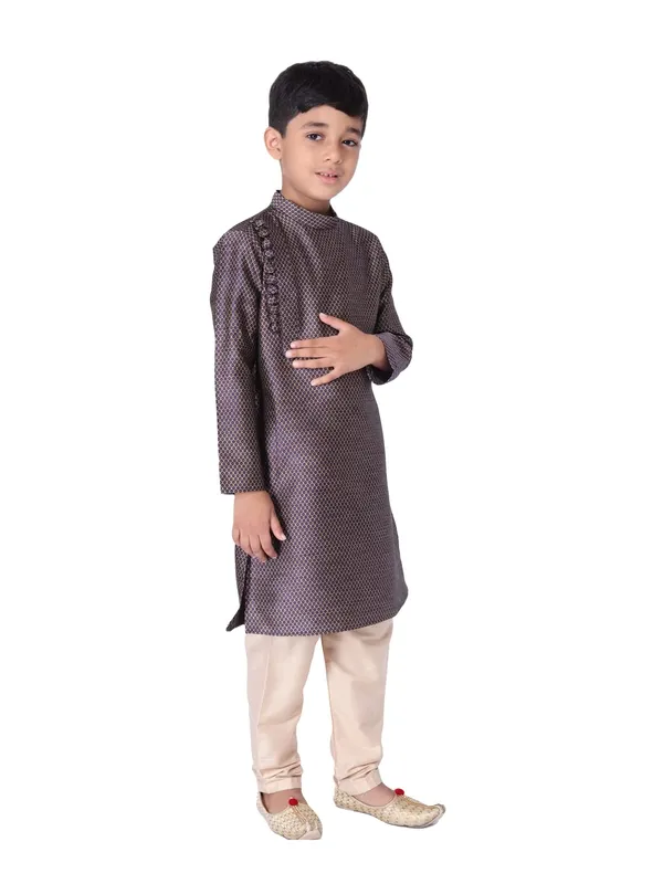 Brown_Silk_Blend_Full_Sleeve_Regular_Fit_Printed_Kurta_Churidar_For_Kids