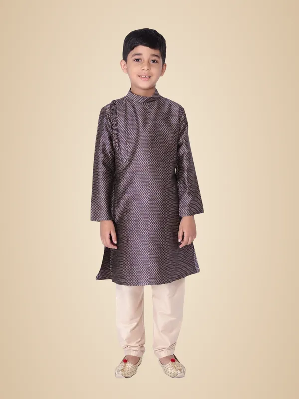 Brown_Silk_Blend_Full_Sleeve_Regular_Fit_Printed_Kurta_Churidar_For_Kids