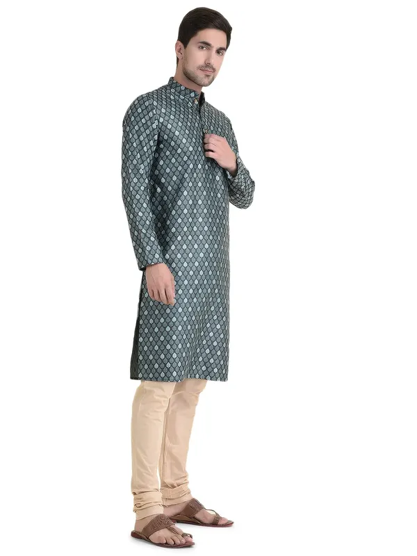 Blue_Cotton_Brown_Full_Sleeves_Regular_Printed_Kurta_Churidar_Set_For_Men