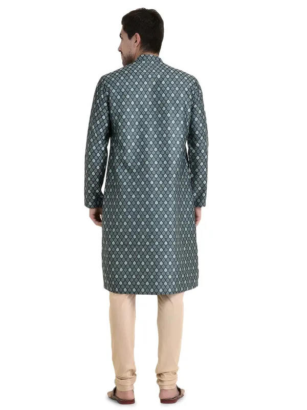 Blue_Cotton_Brown_Full_Sleeves_Regular_Printed_Kurta_Churidar_Set_For_Men