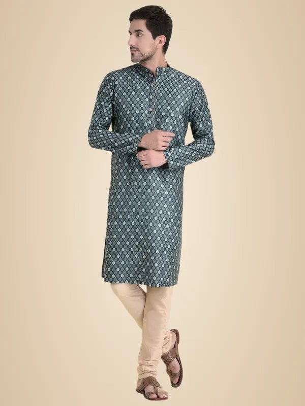 Blue_Cotton_Brown_Full_Sleeves_Regular_Printed_Kurta_Churidar_Set_For_Men