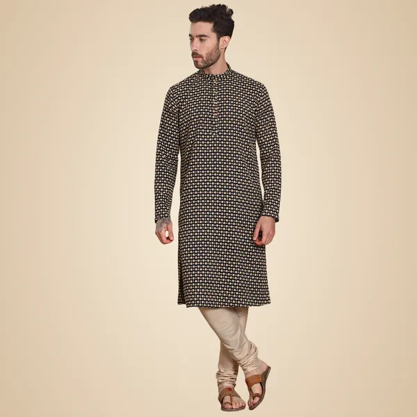 Blue_Cotton_Full_Sleeves_Regular_Embroidery_Blue_Kurta_Set_For_Men