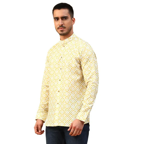 Yellow_Cotton_Full_Sleeve_Regular_Fit_Printed_Short_Kurta_For_Men