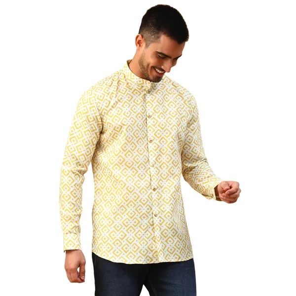 Yellow_Cotton_Full_Sleeve_Regular_Fit_Printed_Short_Kurta_For_Men