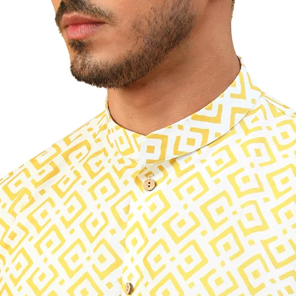 Yellow_Cotton_Full_Sleeve_Regular_Fit_Printed_Short_Kurta_For_Men