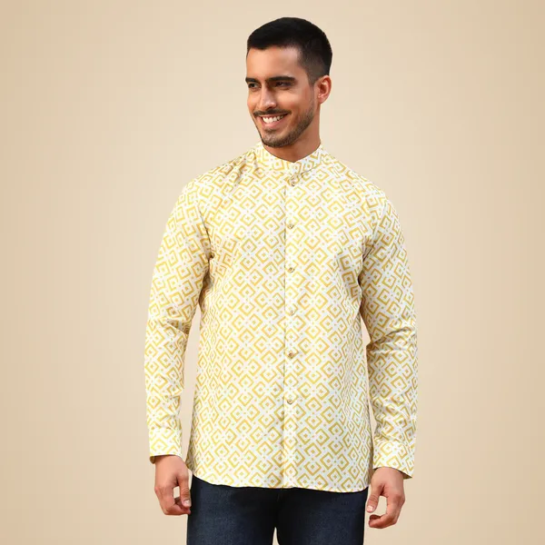 Yellow_Cotton_Full_Sleeve_Regular_Fit_Printed_Short_Kurta_For_Men