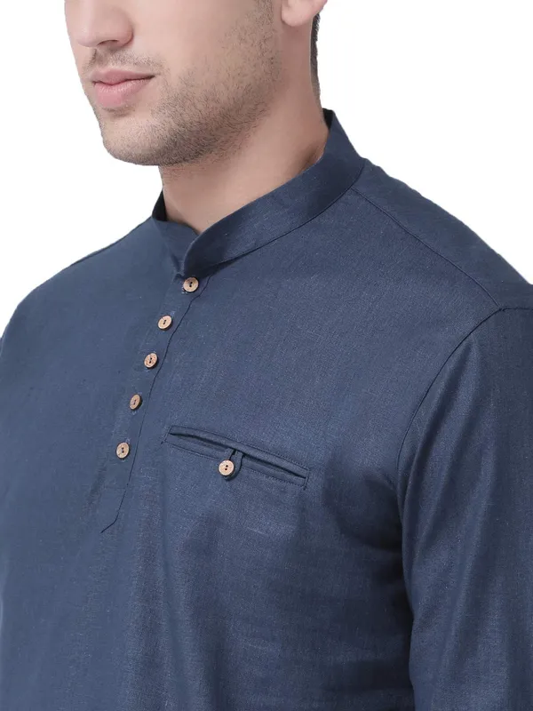 Navy_Blue_Cotton_White_Full_Sleeve_Regular_Fit_Plain_Short_Kurta_For_Men