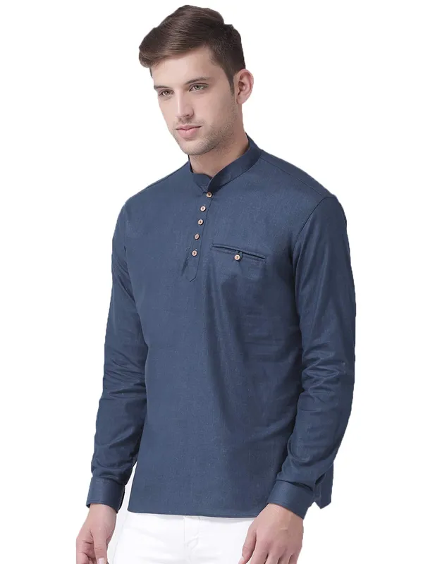 Navy_Blue_Cotton_White_Full_Sleeve_Regular_Fit_Plain_Short_Kurta_For_Men