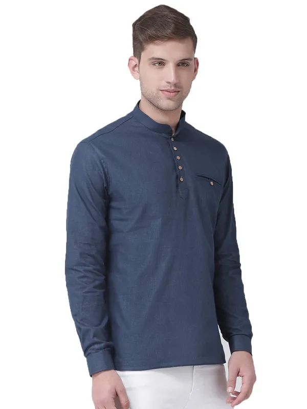 Navy_Blue_Cotton_White_Full_Sleeve_Regular_Fit_Plain_Short_Kurta_For_Men